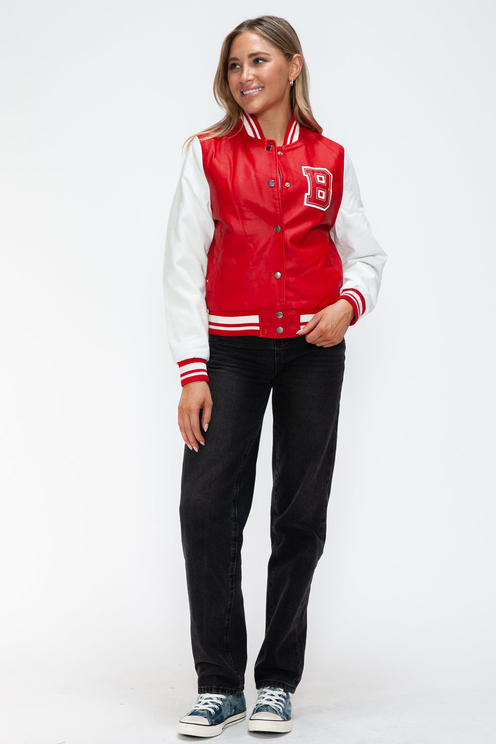 Love Me Now PU Leather Contrast Snap Down Bomber Jacket 15750 | Gulf Resellers