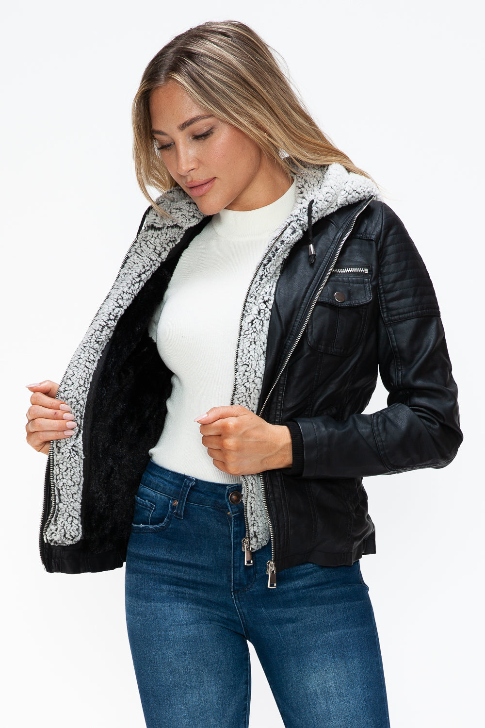 YMI Removable Faux Layered Multi-Pocket Jacket with Fuzzy Hood 15817 | Gulf Resellers