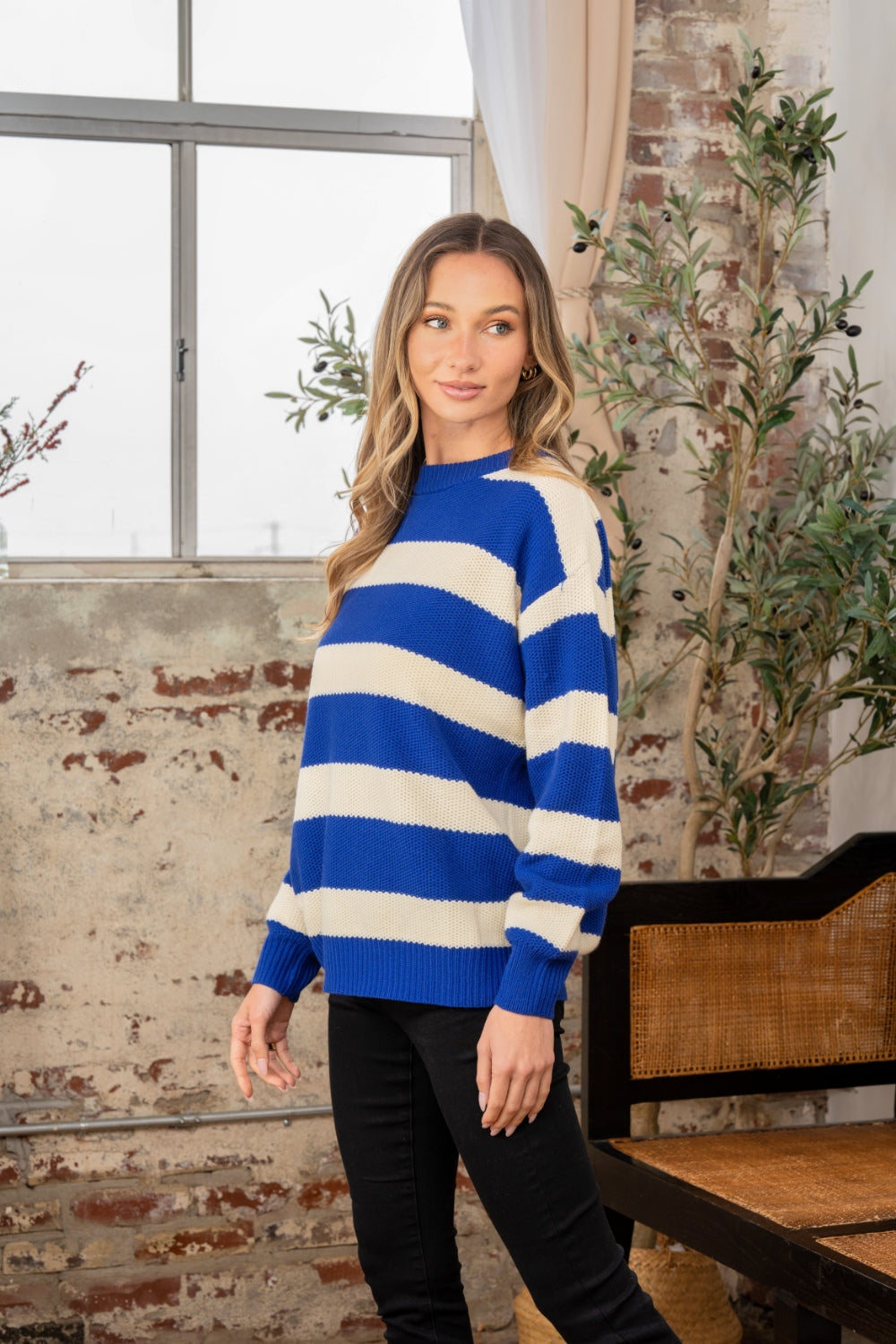 Sew In Love Full Size Contrast Striped Round Neck Sweater 9140 | Gulf Resellers