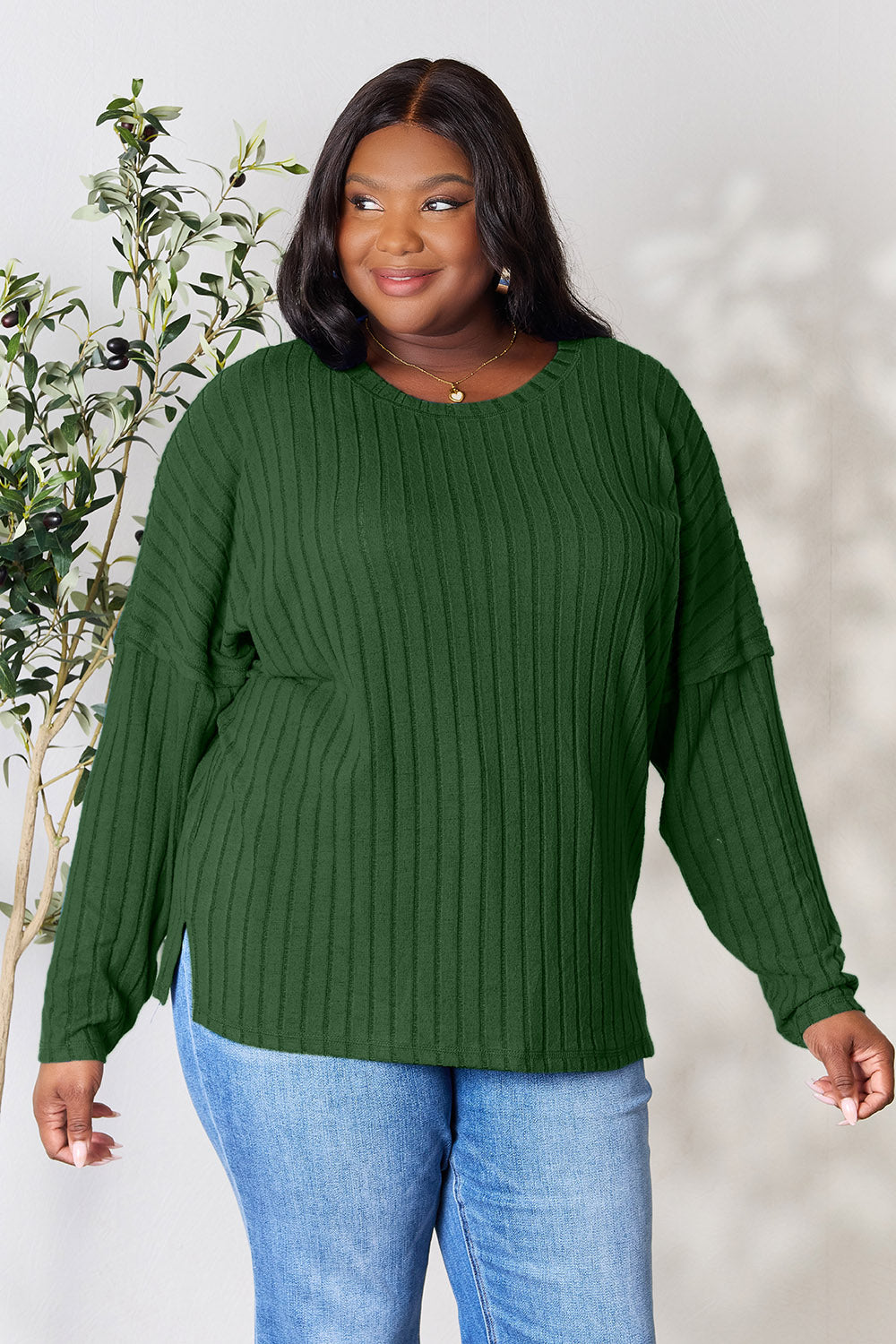 Basic Bae Full Size Ribbed Round Neck Slit Knit Top | Gulf Resellers