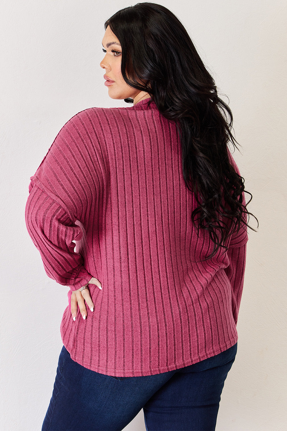 Basic Bae Full Size Ribbed Half Button Long Sleeve High-Low T-Shirt | Gulf Resellers