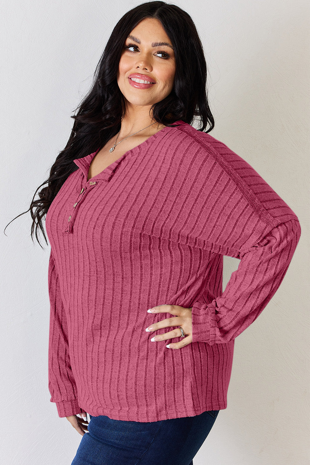 Basic Bae Full Size Ribbed Half Button Long Sleeve T-Shirt | Gulf Resellers