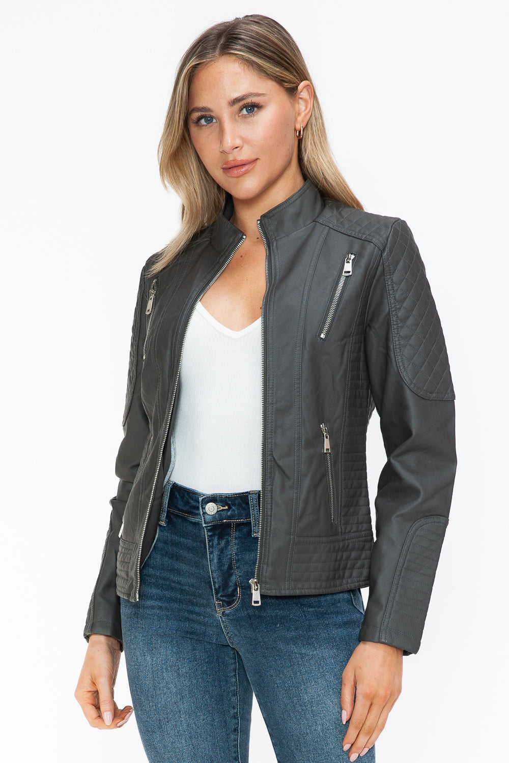 Snobbish Faux Leather Zip Up Mock Neck Jacket 15215 | Gulf Resellers