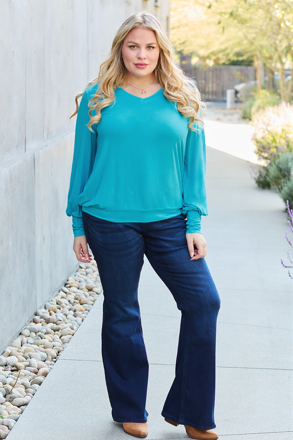 Basic Bae Full Size V-Neck Lantern Sleeve Top 6645 | Gulf Resellers