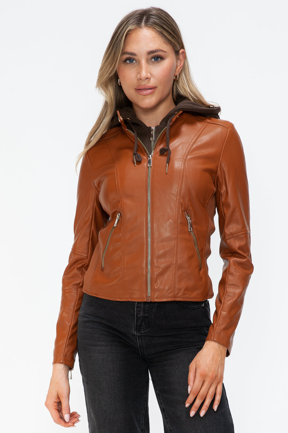 Snobbish Faux Leather Zip Up Drawstring Hooded Jacket 16000 | Gulf Resellers