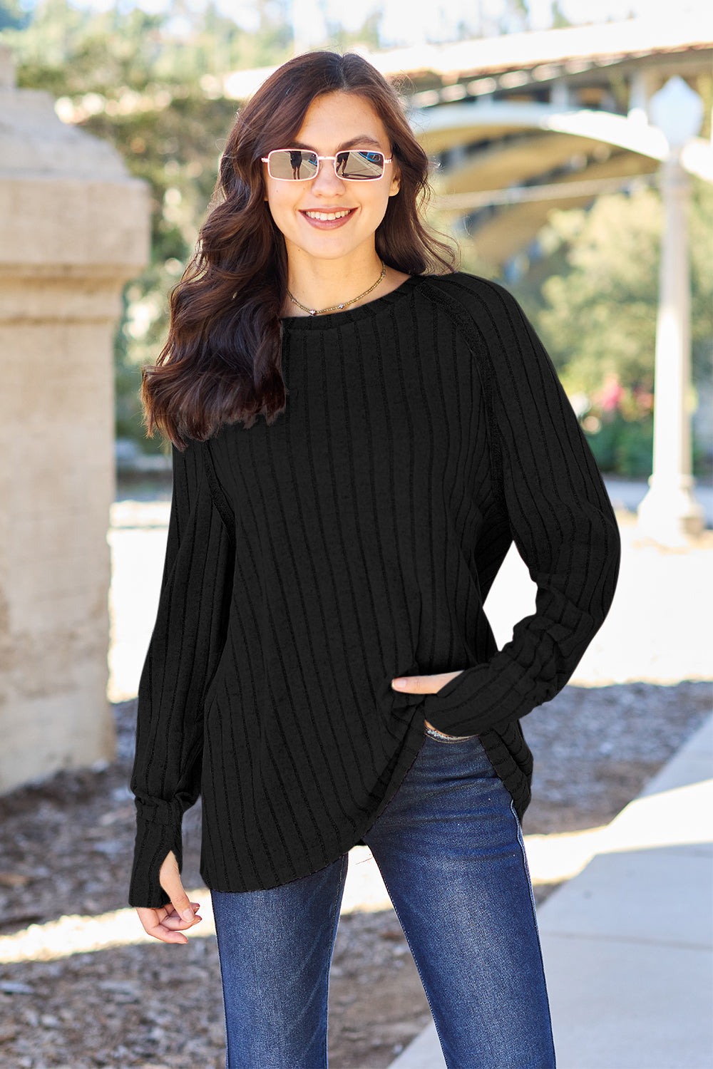 Basic Bae Full Size Ribbed Round Neck Long Sleeve Knit Top | Gulf Resellers