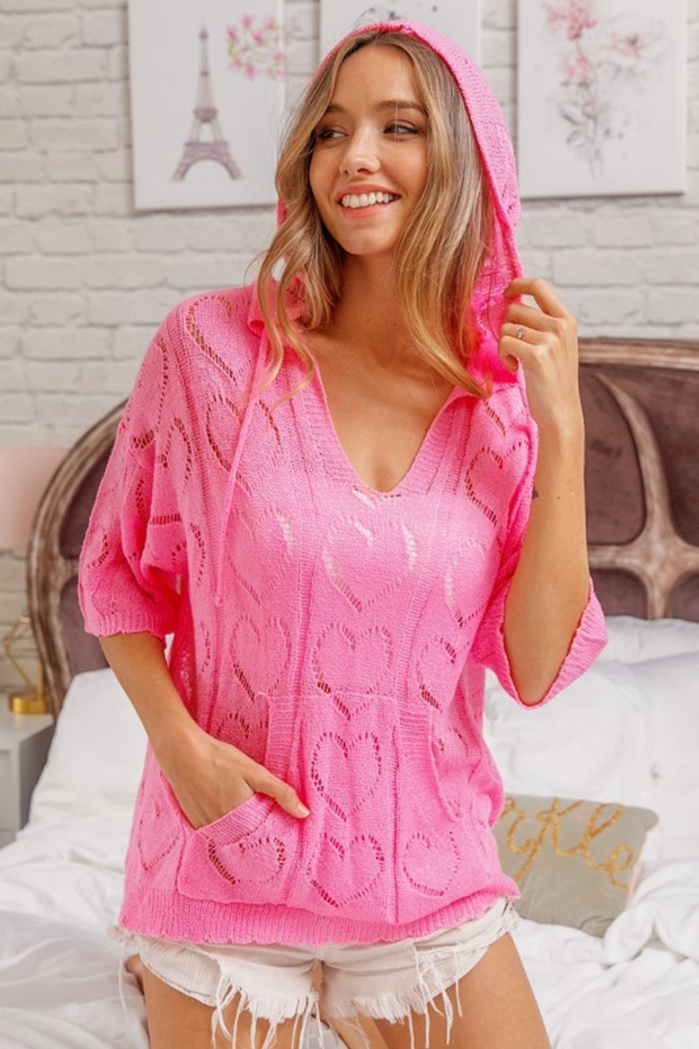BiBi Openwork Heart Hooded Knit Top 8306 | Gulf Resellers
