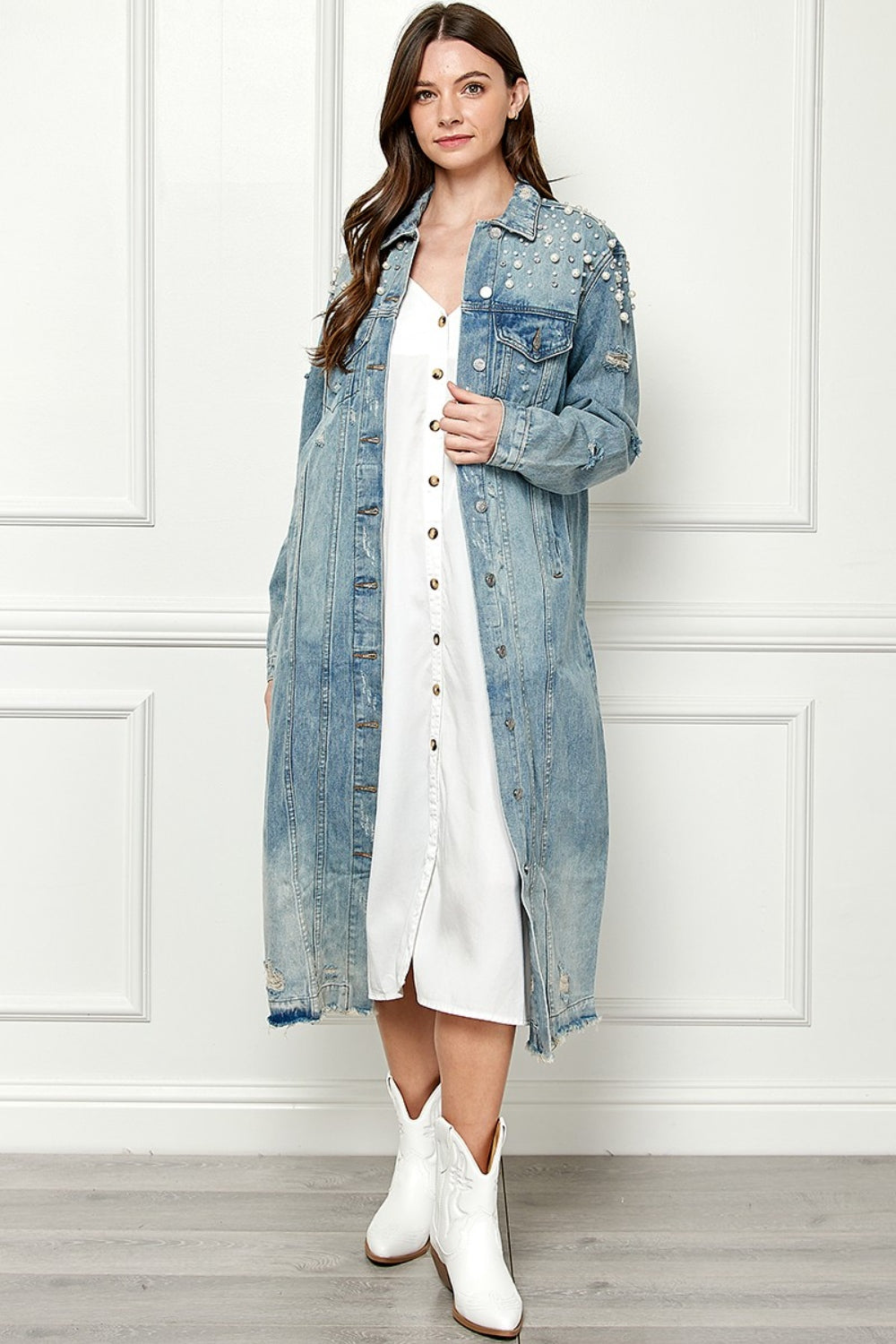 Veveret Full Size Distressed Raw Hem Pearl Detail Button Up Jacket 13478 | Gulf Resellers
