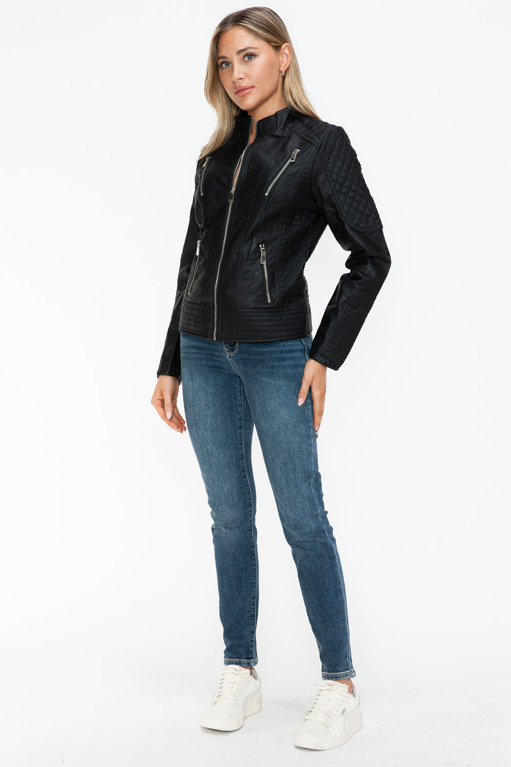 Snobbish Faux Leather Zip Up Mock Neck Jacket 16092 | Gulf Resellers
