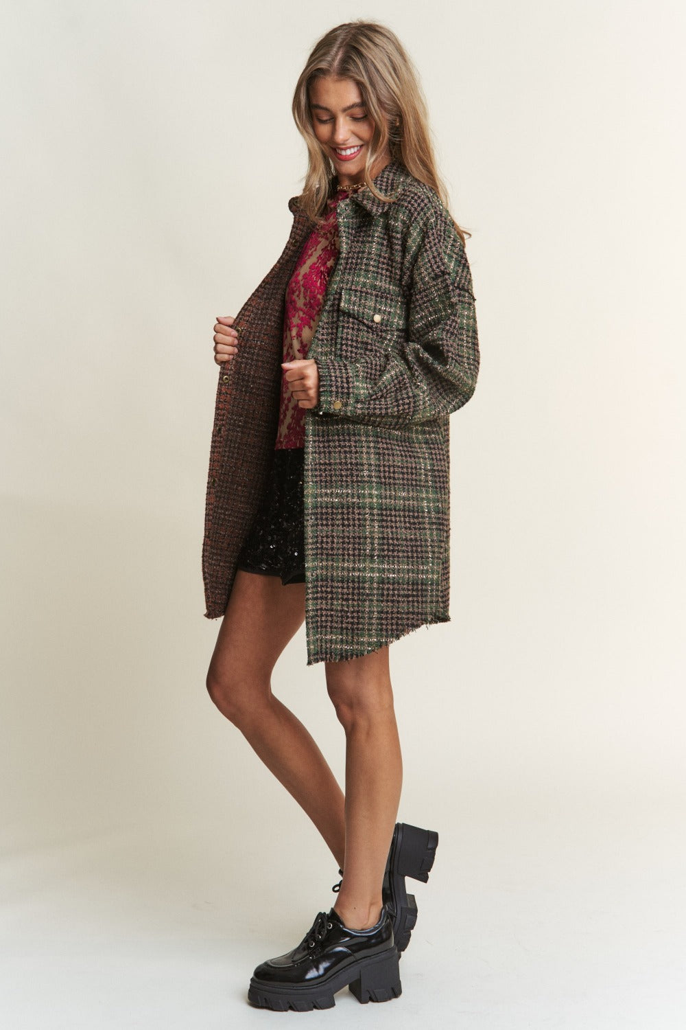 J.NNA Snap Down Tweed Plaid Contrast Longline Shacket 13046 | Gulf Resellers
