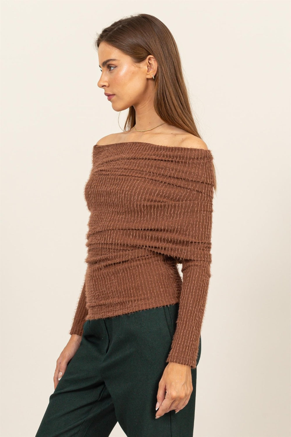 HYFVE Fuzzy Off Shoulder Textured Knit Top 8930 | Gulf Resellers