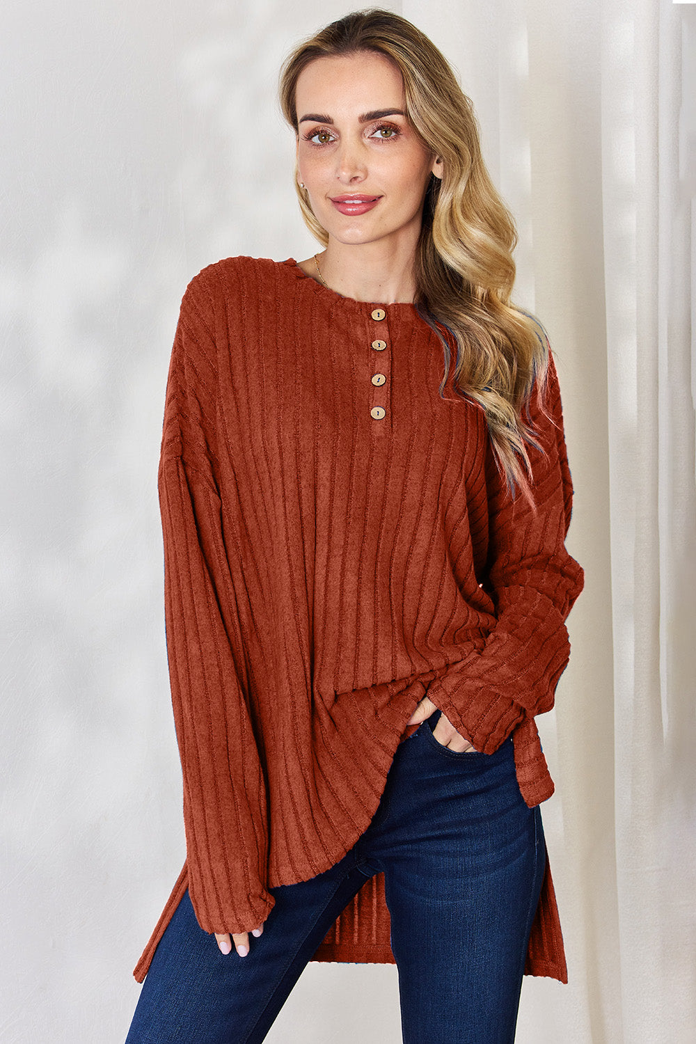 Basic Bae Full Size Ribbed Half Button Long Sleeve High-Low T-Shirt | Gulf Resellers