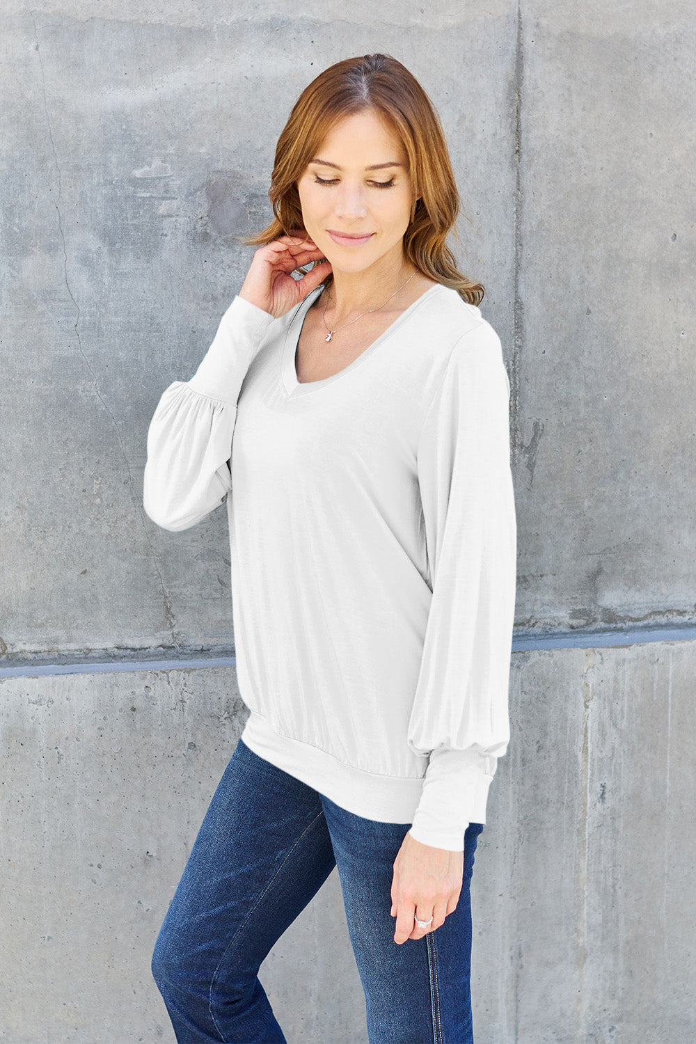 Basic Bae Full Size V-Neck Lantern Sleeve Top 6663 | Gulf Resellers