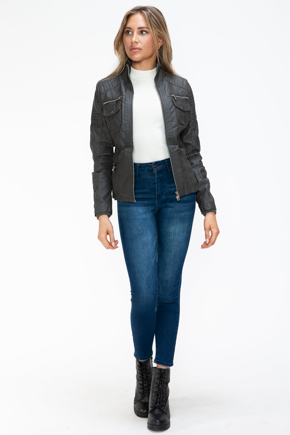 YMI Removable Faux Layered Multi-Pocket Jacket with Fuzzy Hood 15262 | Gulf Resellers
