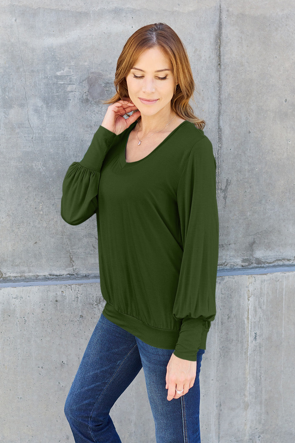 Basic Bae Full Size V-Neck Lantern Sleeve Top 6655 | Gulf Resellers