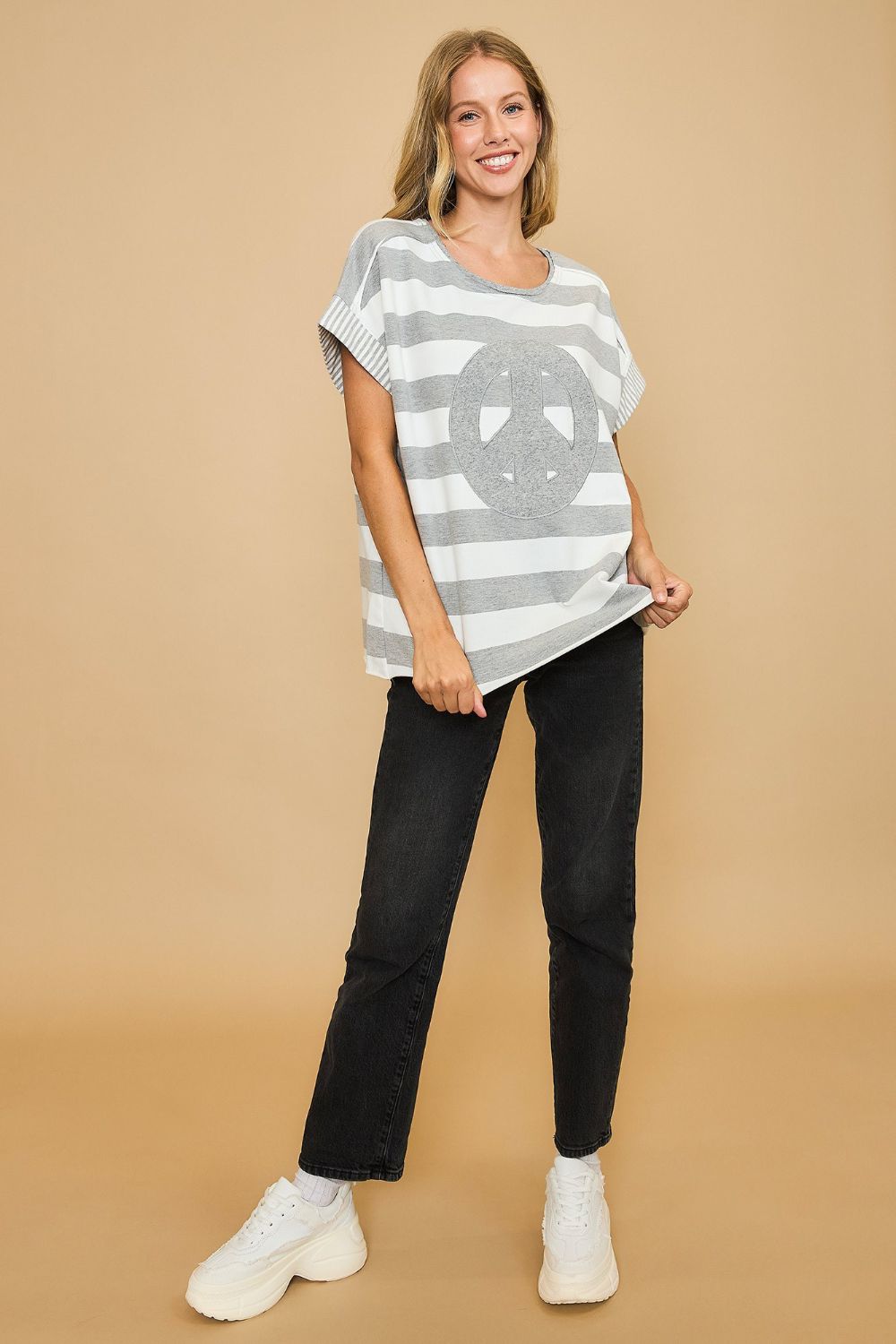 Umgee Peace Sign Patch Striped French Terry T-Shirt 18467 | Gulf Resellers