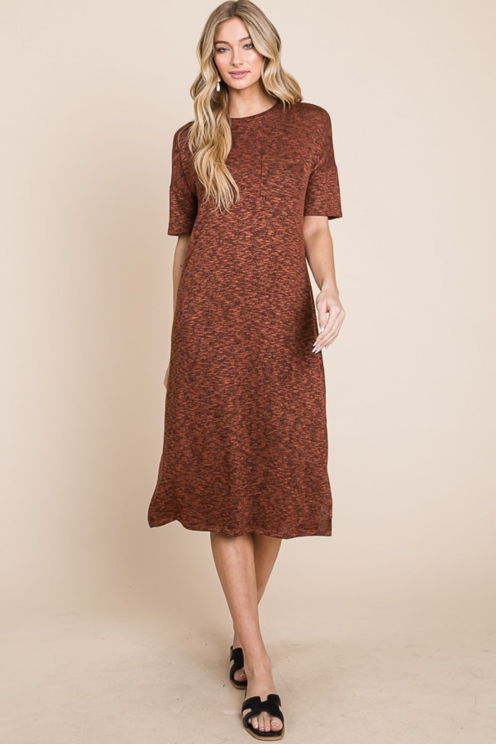 BOMBOM Round Neck Side Slit Midi Dress 9569 | Gulf Resellers