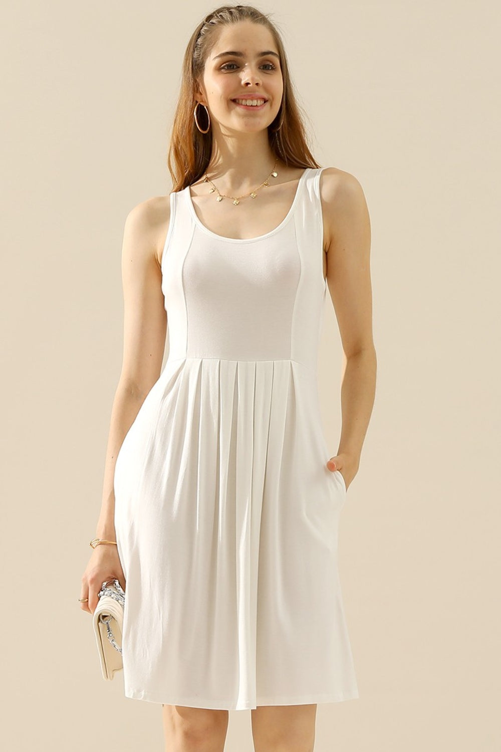 Doublju Full Size Round Neck Ruched Sleeveless Dress with Pockets | Gulf Resellers