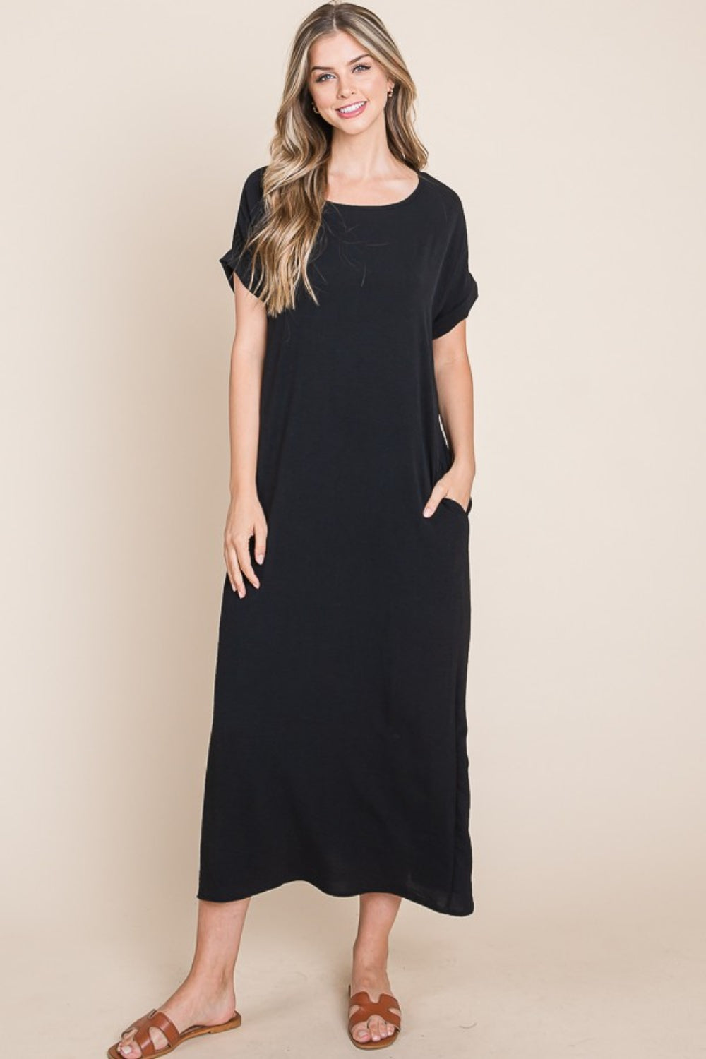 BOMBOM Round Neck Short Sleeve Midi Dress with Pockets 5110 | Gulf Resellers