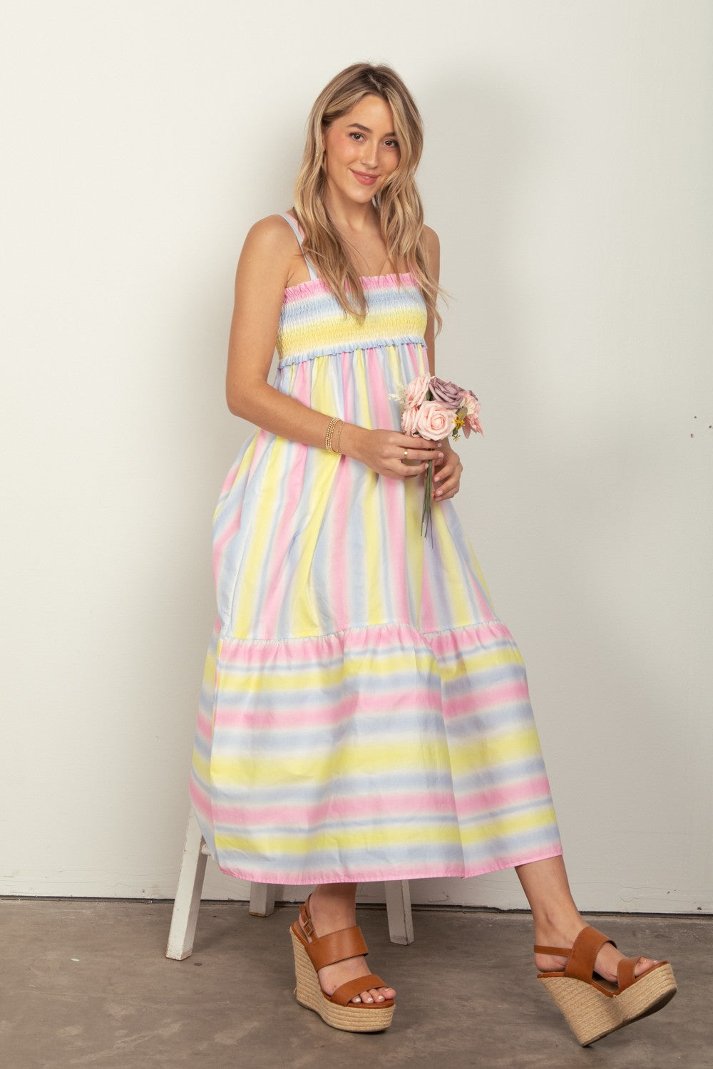 VERY J Striped Woven Smocked Midi Cami Dress 5120 | Gulf Resellers