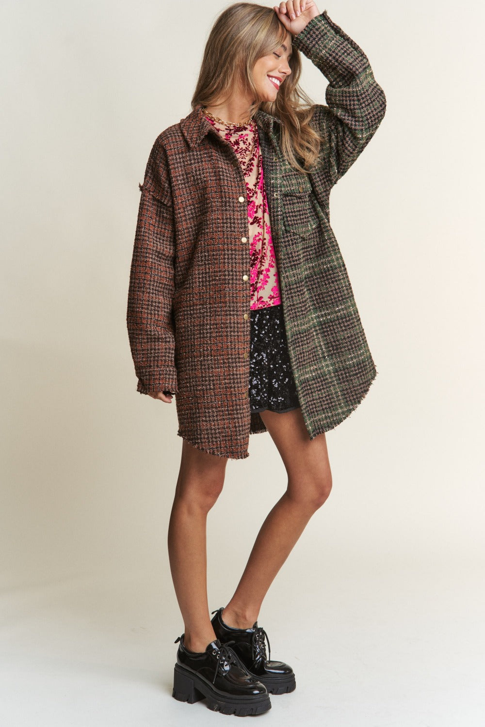 J.NNA Snap Down Tweed Plaid Contrast Longline Shacket 13047 | Gulf Resellers