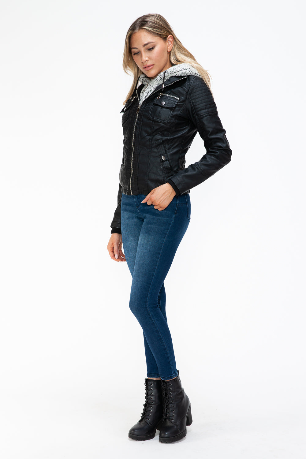 YMI Removable Faux Layered Multi-Pocket Jacket with Fuzzy Hood 15831 | Gulf Resellers