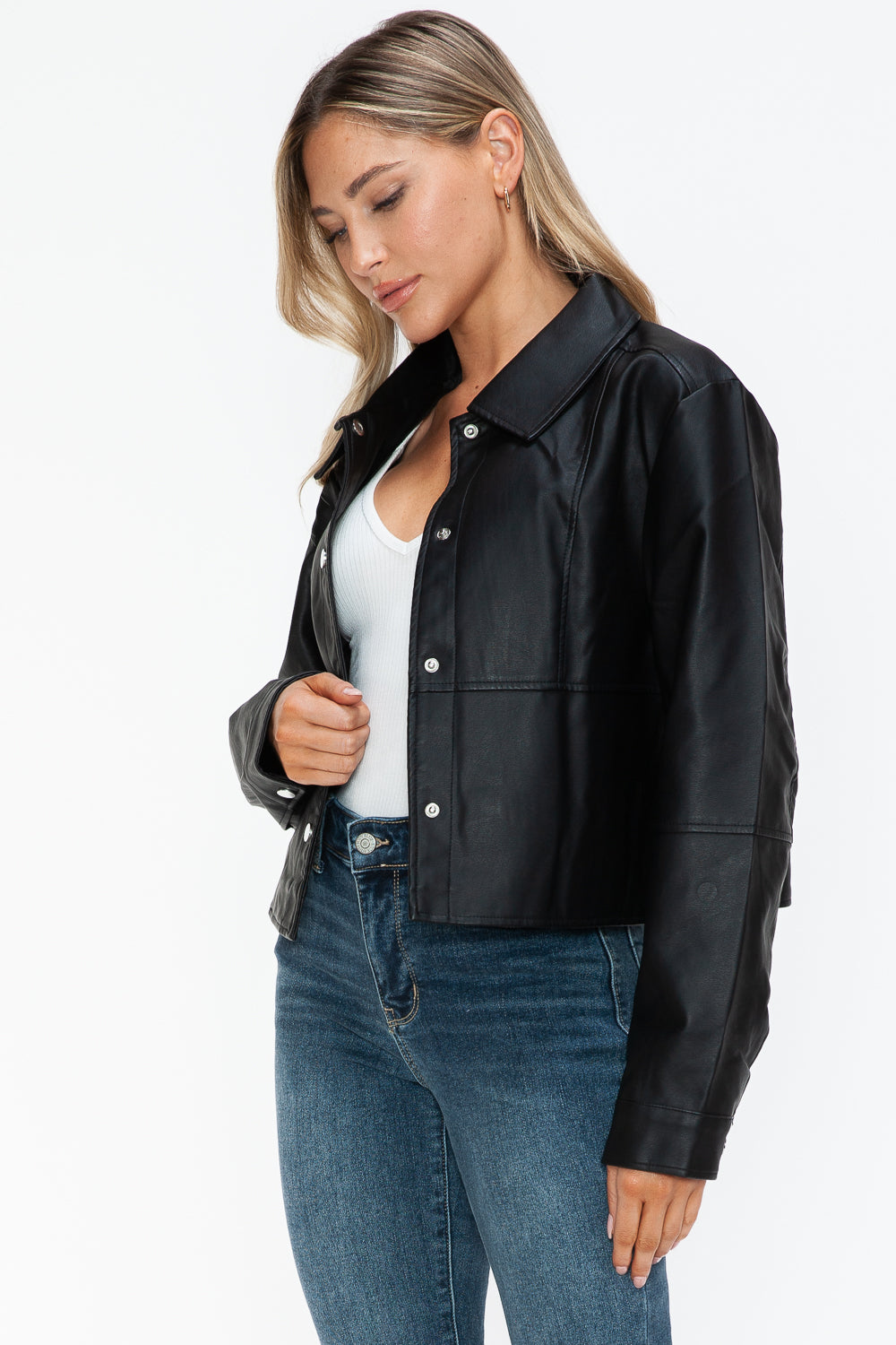Snobbish Snap Down Long Sleeve PU Leather Jacket 16074 | Gulf Resellers