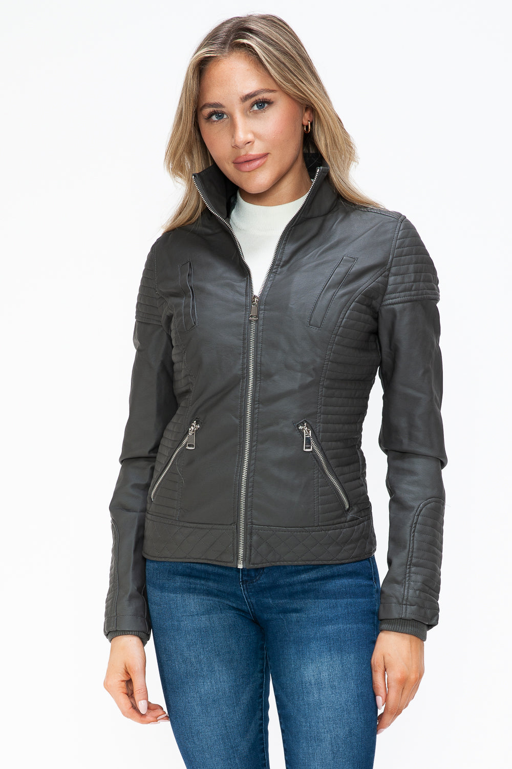 YMI Faux Layered Double-Zipper Jacket with Fuzzy Hood 15386 | Gulf Resellers