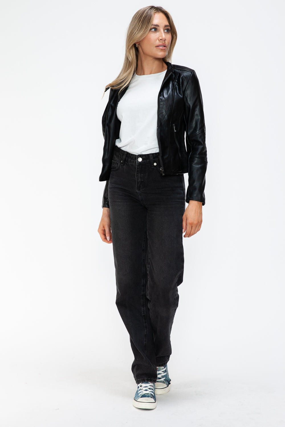 Snobbish Faux Leather Zip Up Drawstring Hooded Jacket 15940 | Gulf Resellers