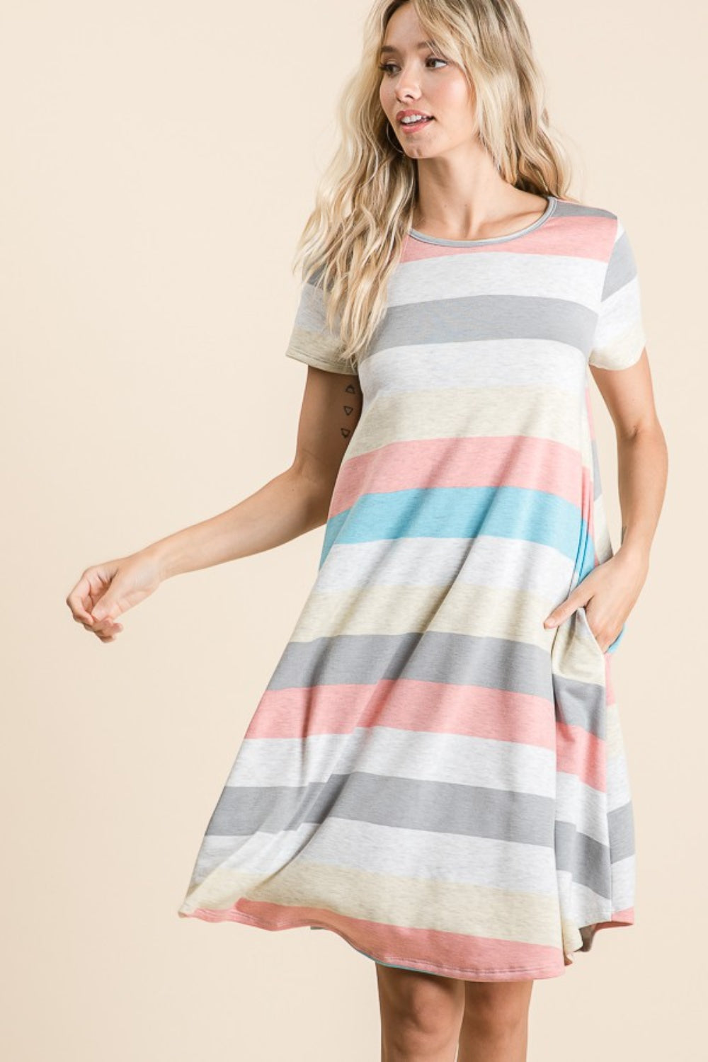 BOMBOM Striped Short Sleeve Dress with Pockets 6409 | Gulf Resellers