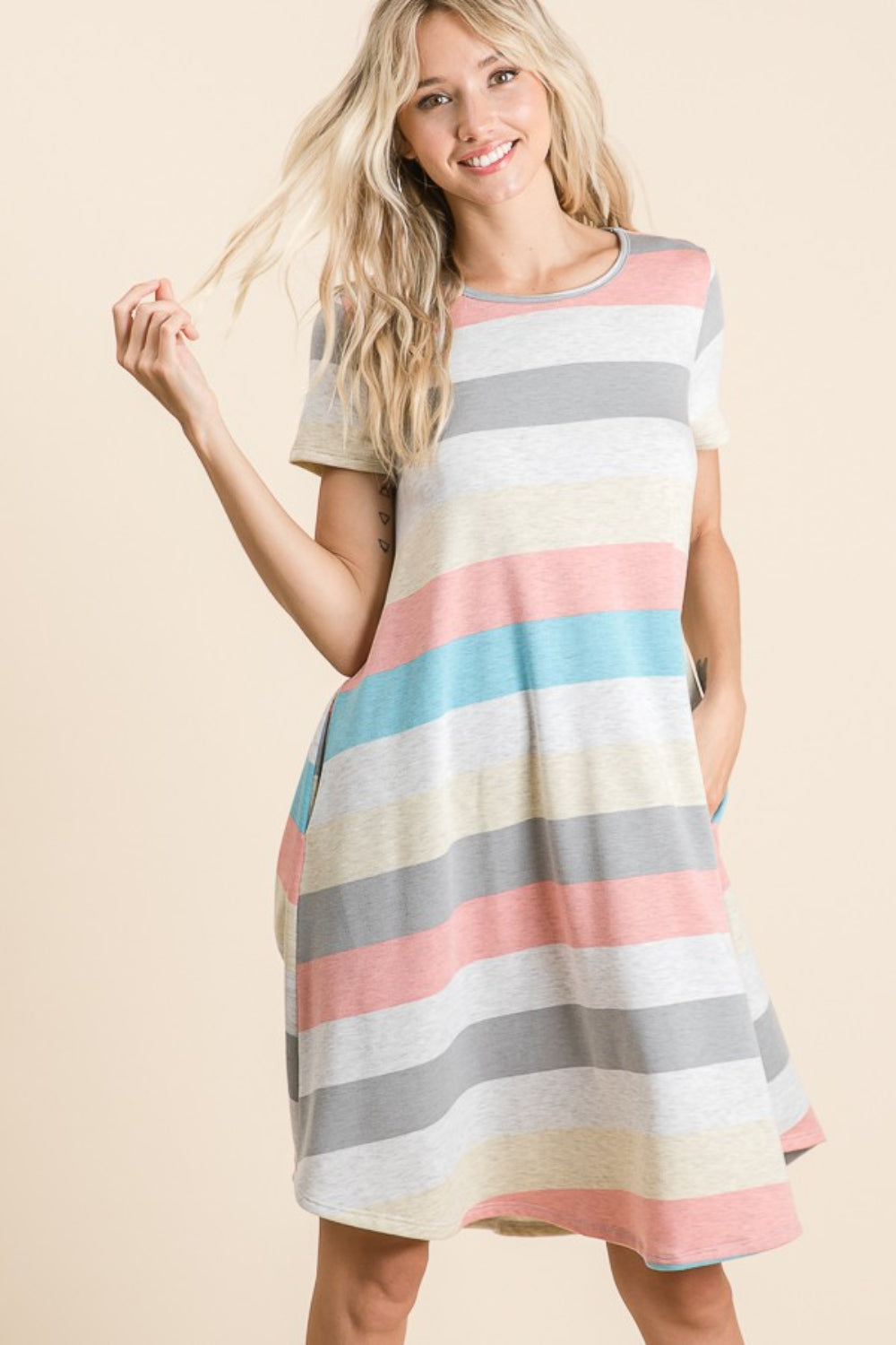 BOMBOM Striped Short Sleeve Dress with Pockets 6411 | Gulf Resellers