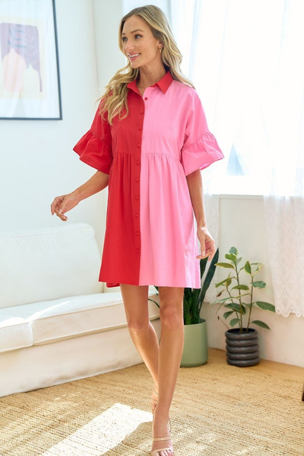 First Love Full Size Color Blocked Button Down Babydoll Dress 6823 | Gulf Resellers