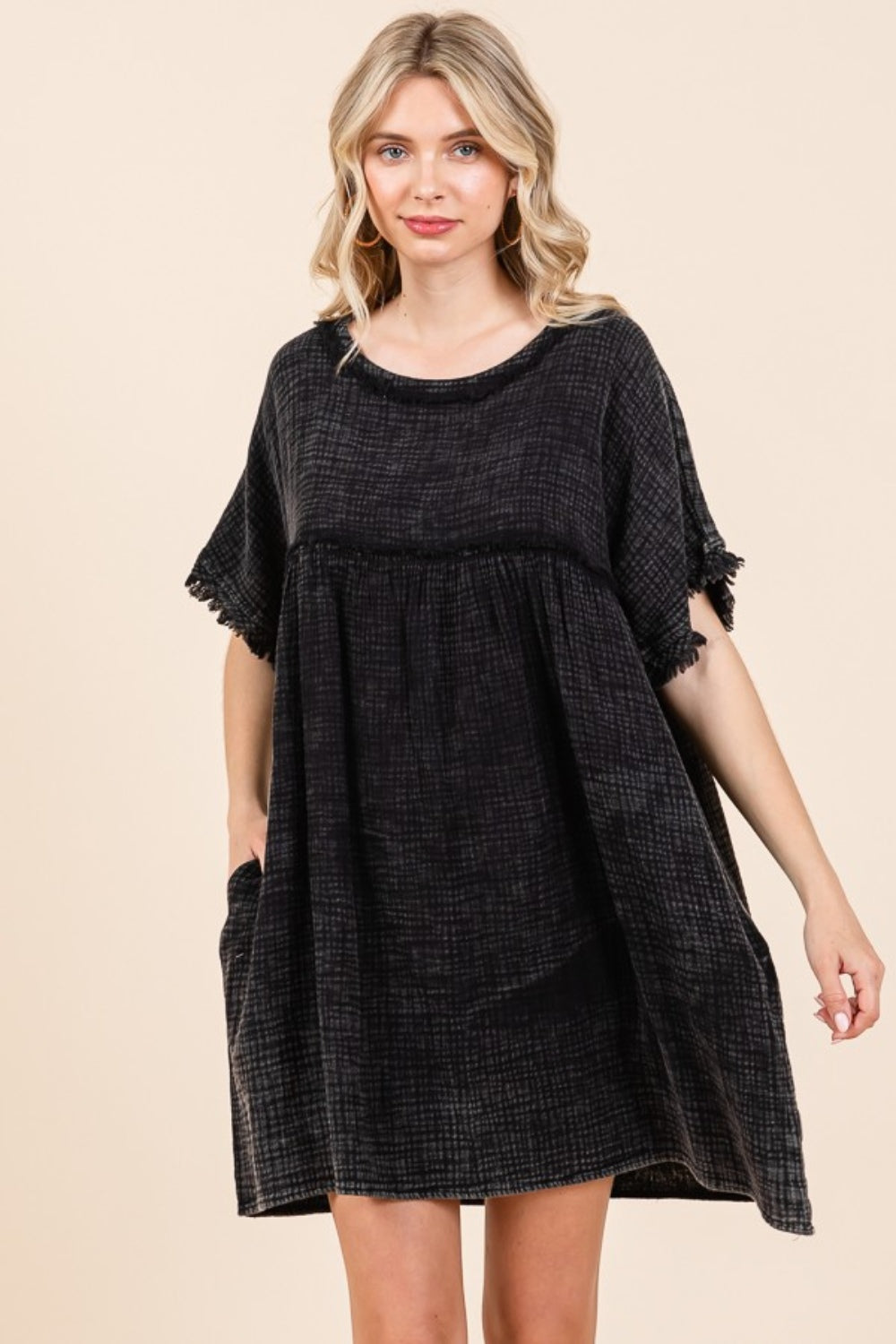 Culture Code Full Size Short Sleeve Babydoll Texture Dress with Pockets 9693 | Gulf Resellers