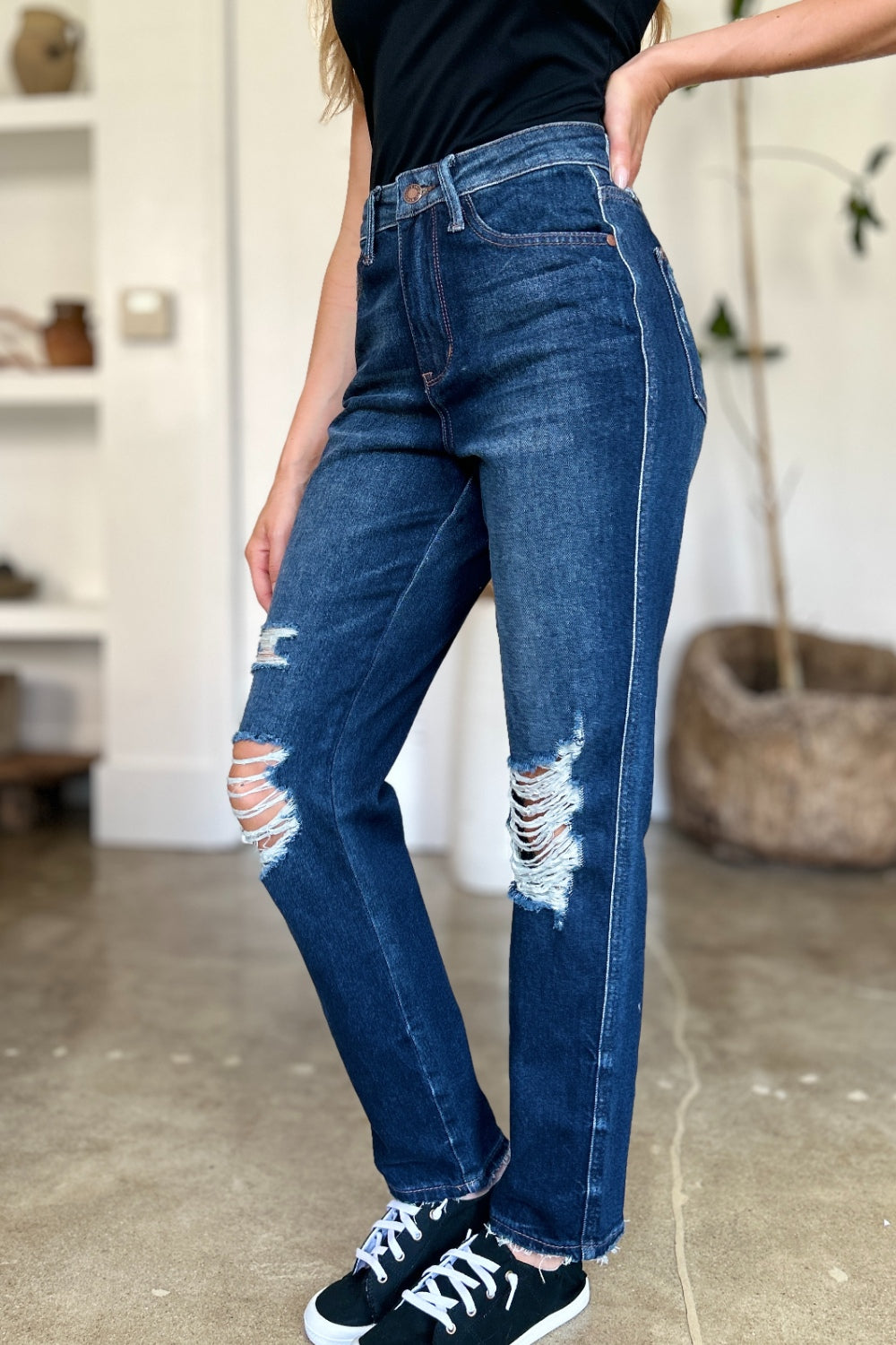 Judy Blue Full Size High Waist Rigid Magic Heavy Destroy Straight Jeans 8555 | Gulf Resellers