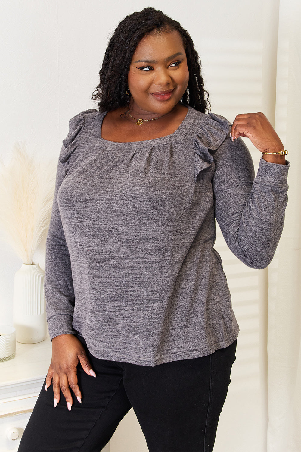 Double Take Square Neck Ruffle Shoulder Long Sleeve T-Shirt | Gulf Resellers