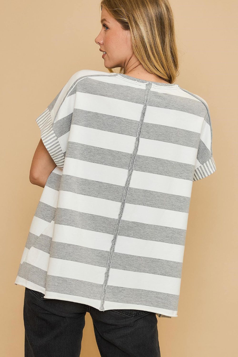 Umgee Peace Sign Patch Striped French Terry T-Shirt 18463 | Gulf Resellers