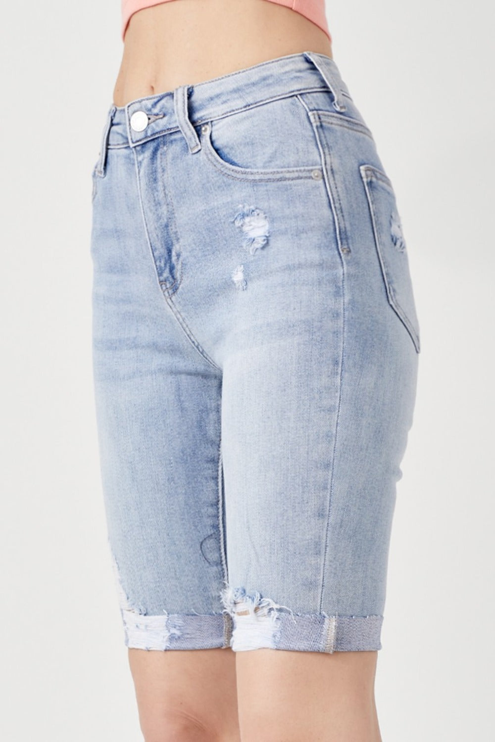 RISEN High Rise Distressed Denim Bermuda Shorts 14201 | Gulf Resellers