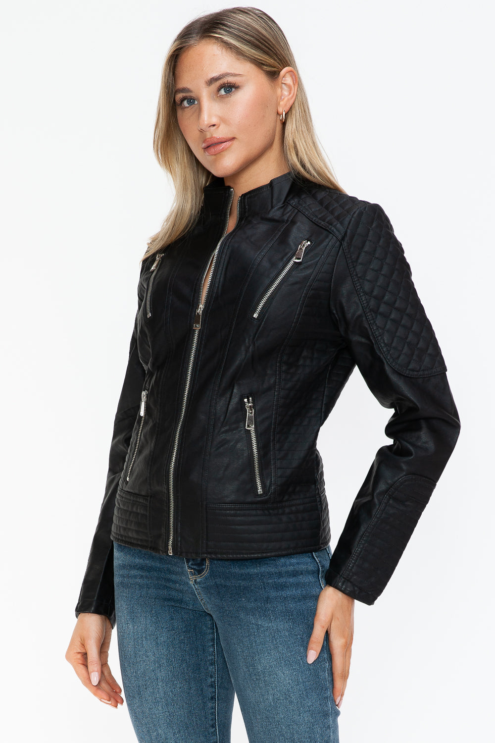 Snobbish Faux Leather Zip Up Mock Neck Jacket 16088 | Gulf Resellers