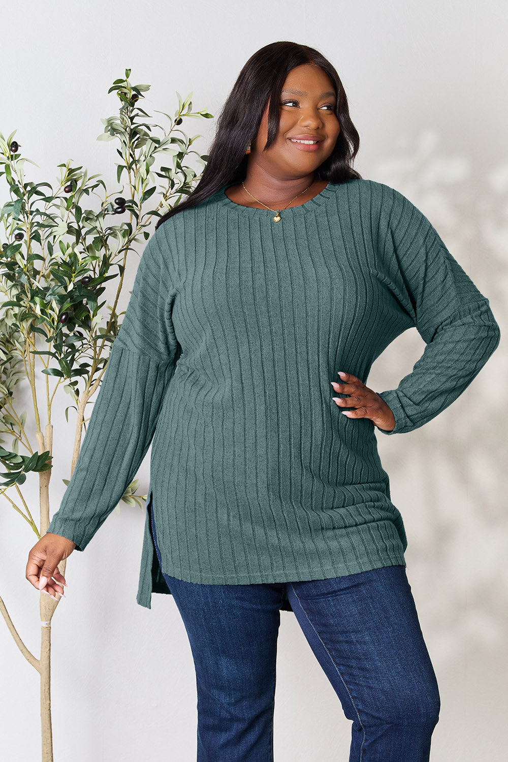 Basic Bae Full Size Ribbed Round Neck Long Sleeve Slit Top | Gulf Resellers