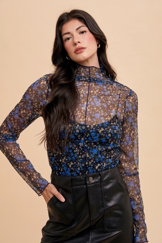 Annie Wear Floral Lettuce Hem Sheer Mesh Top 18754 | Gulf Resellers