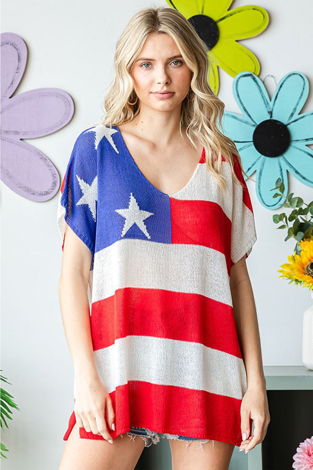 First Love Full Size USA Flag Drop Shoulder Knit Top 8242 | Gulf Resellers