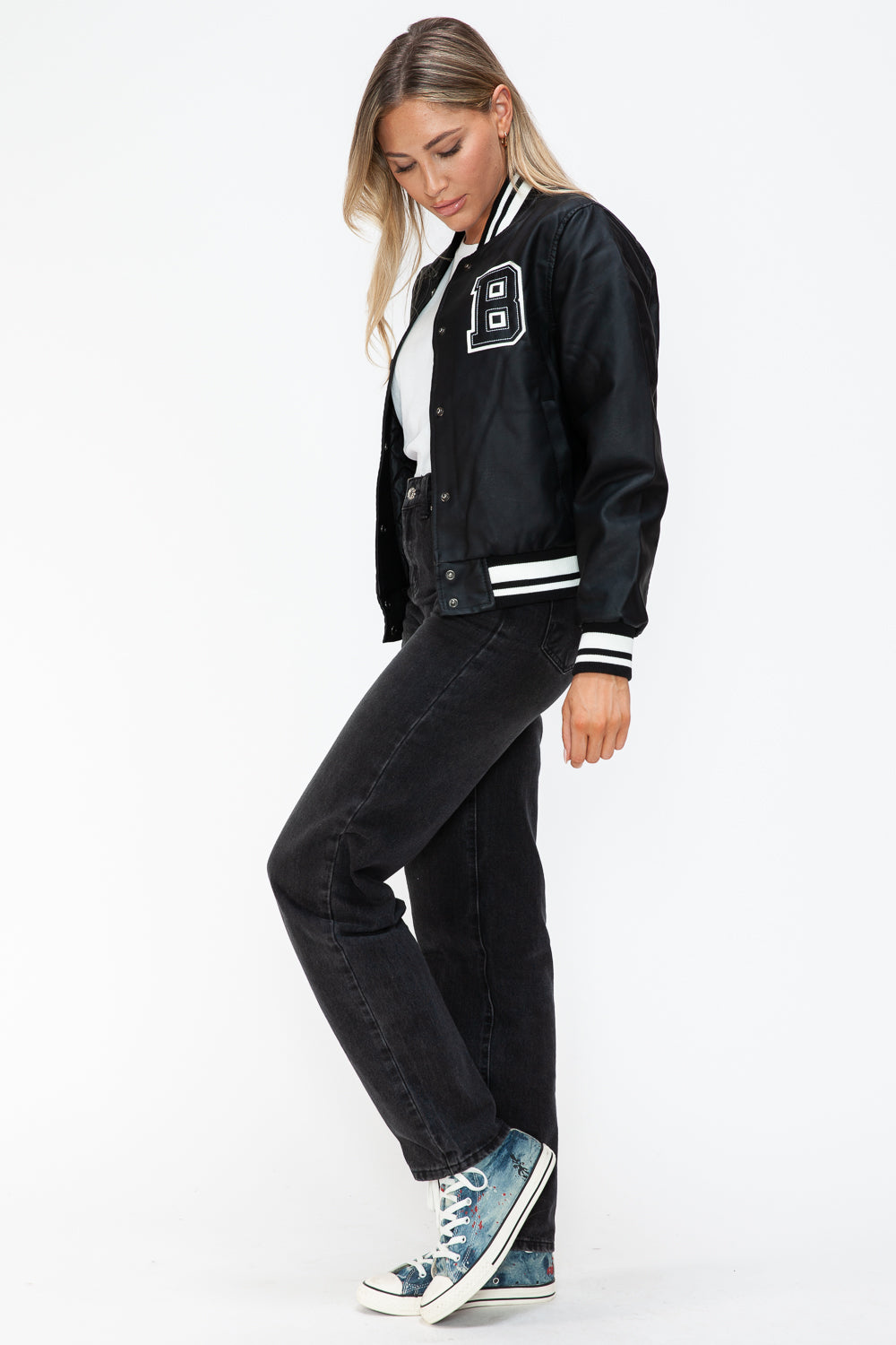 Love Me Now PU Leather Contrast Snap Down Bomber Jacket 15318 | Gulf Resellers
