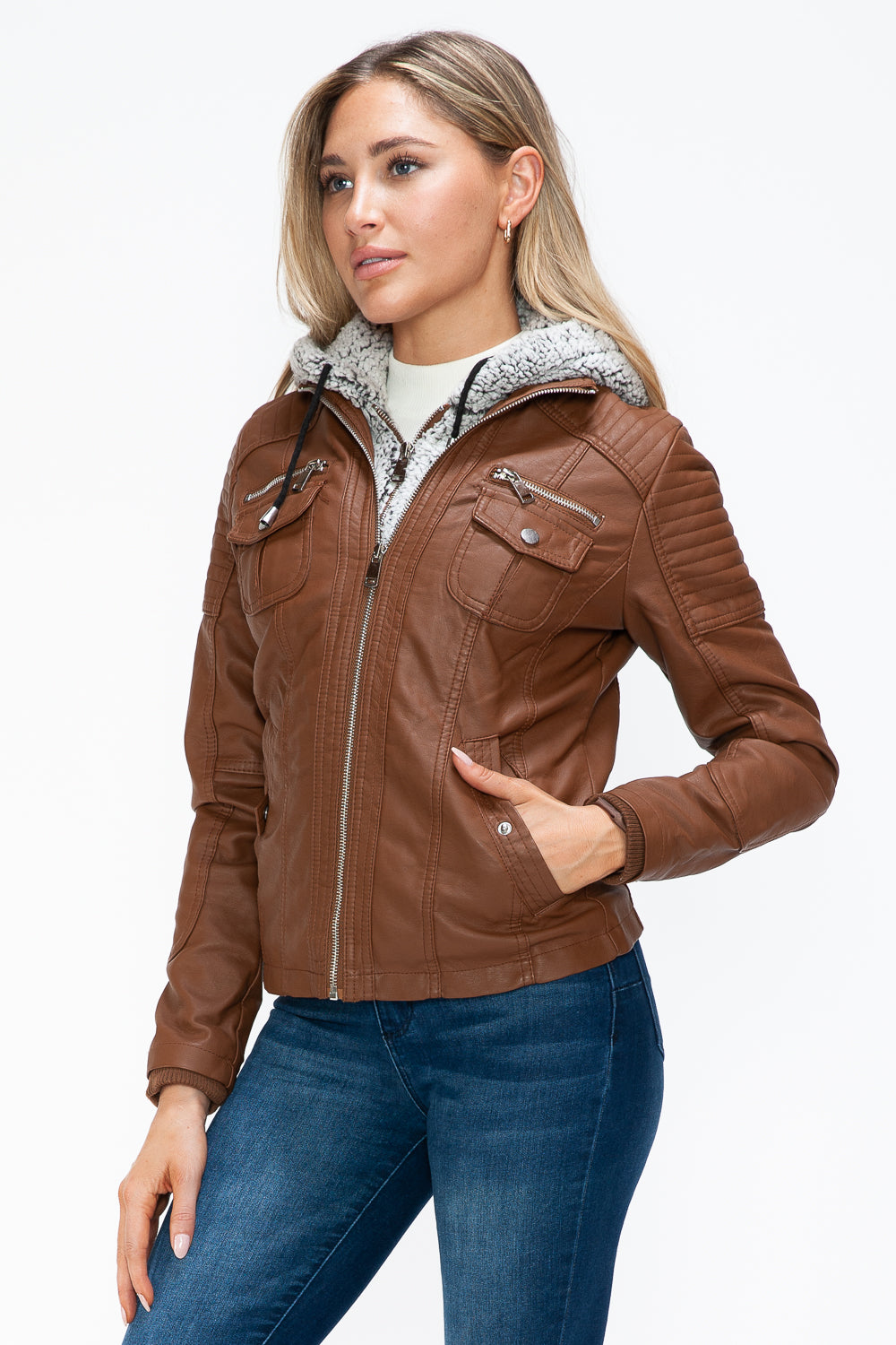 YMI Removable Faux Layered Multi-Pocket Jacket with Fuzzy Hood 15787 | Gulf Resellers