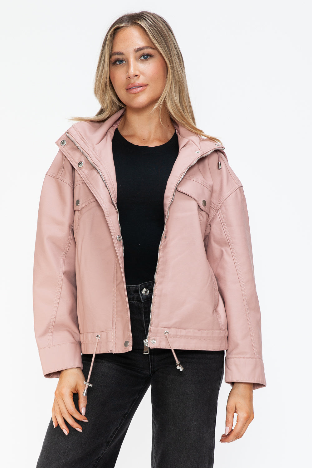 How Dare U Drawstring Hem PU Leather Zip Up Jacket 15550 | Gulf Resellers
