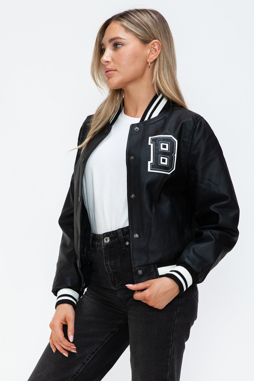 Love Me Now PU Leather Contrast Snap Down Bomber Jacket 15313 | Gulf Resellers