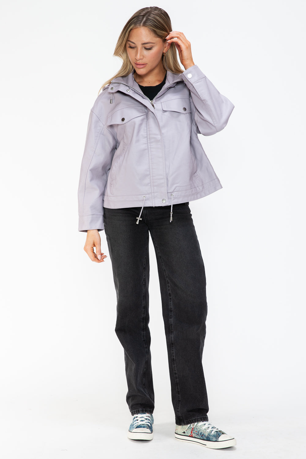 How Dare U Drawstring Hem PU Leather Zip Up Jacket 15454 | Gulf Resellers