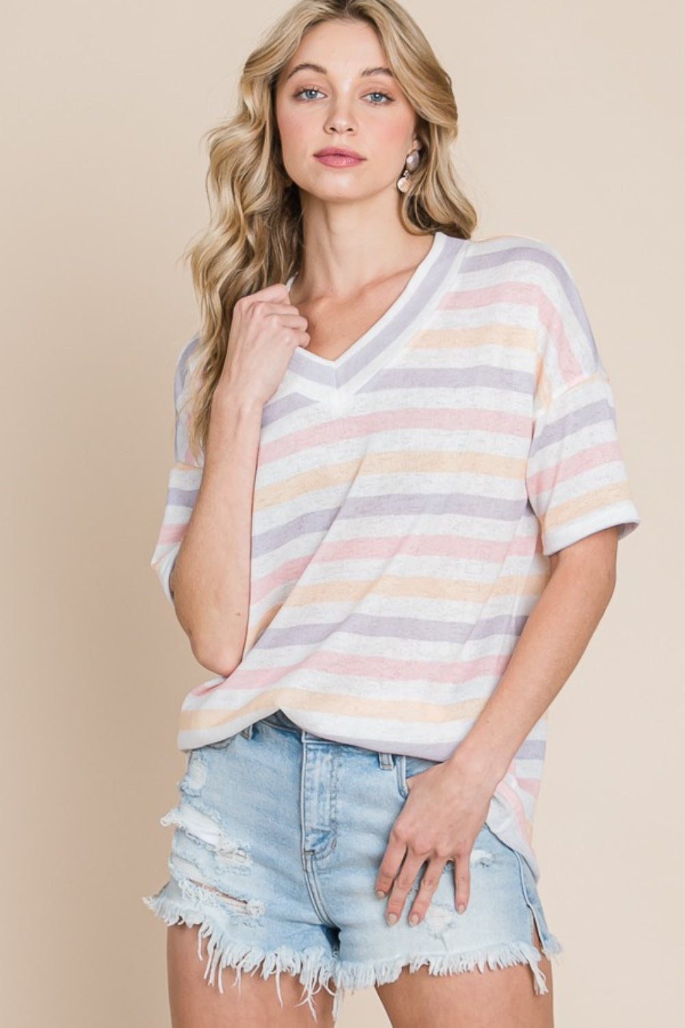 BOMBOM Striped V-Neck Short Sleeve T-Shirt 7540 | Gulf Resellers