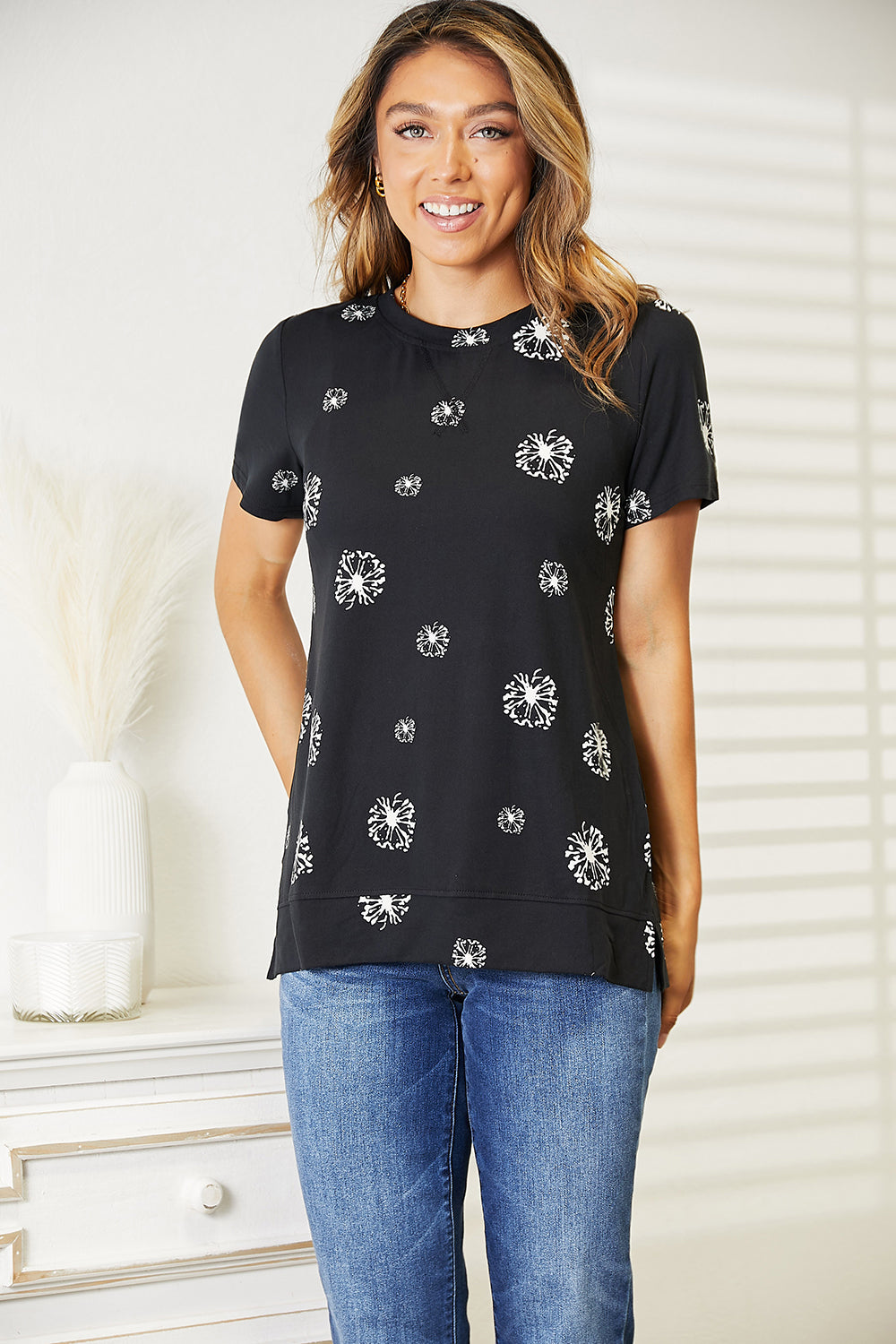 Double Take Dandelion Print Round Neck T-Shirt | Gulf Resellers