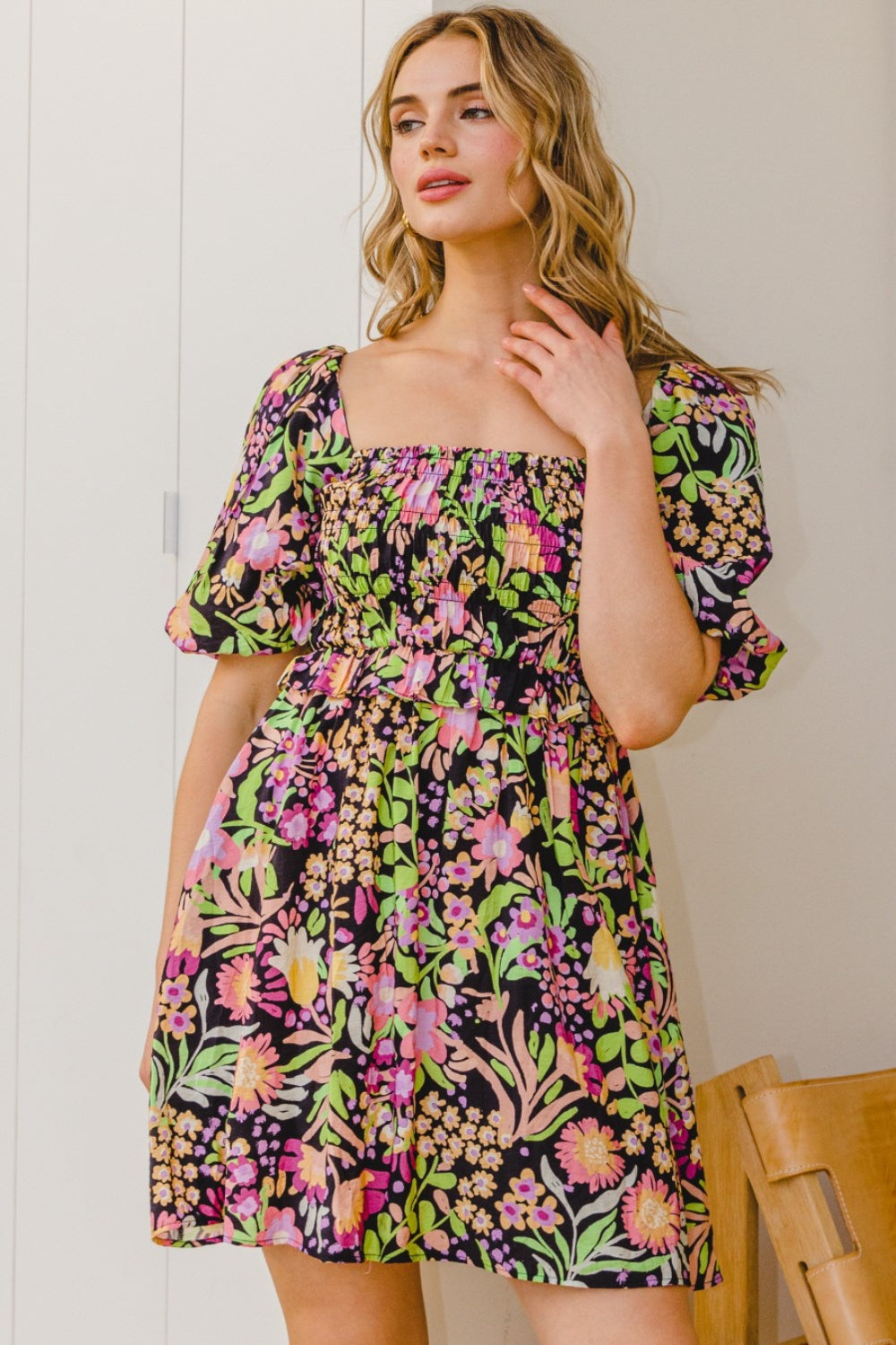 ODDI Full Size Floral Tie-Back Mini Dress 6455 | Gulf Resellers