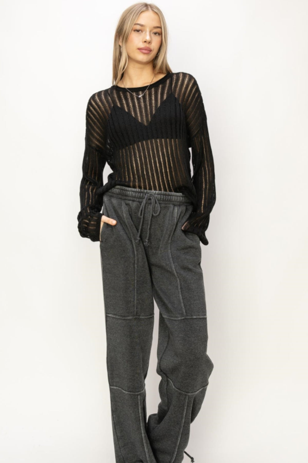 HYFVE Openwork Ribbed Long Sleeve Knit Top | Gulf Resellers